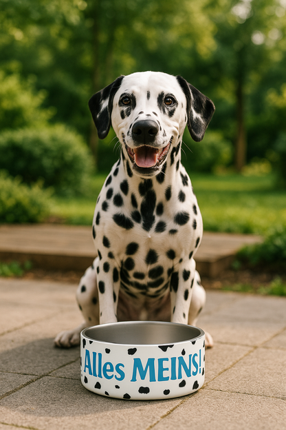 Dalmatiner Herr Futternapf aus Edelstahl mit blauem „Alles meins“-Aufdruck