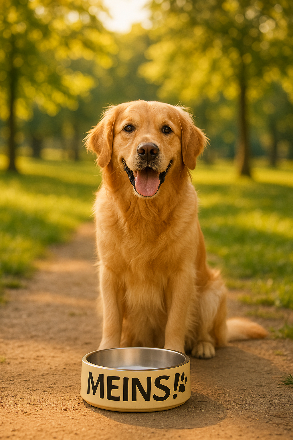 Beige Golden Retriever Futternapf aus Edelstahl mit „Alles meins“-Aufdruck