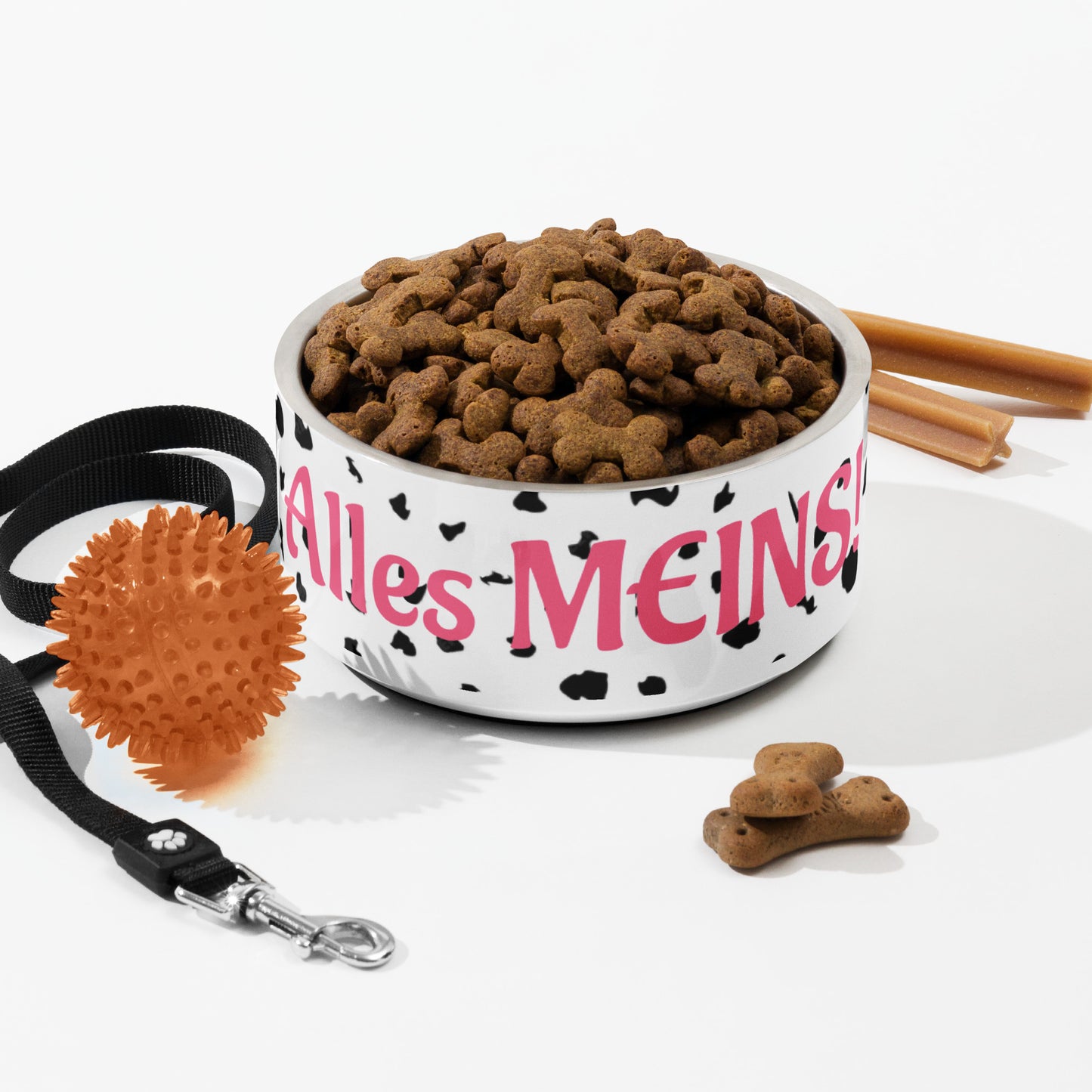 Dalmatiner Dame Futternapf aus Edelstahl mit Pink „Alles meins“-Aufdruck