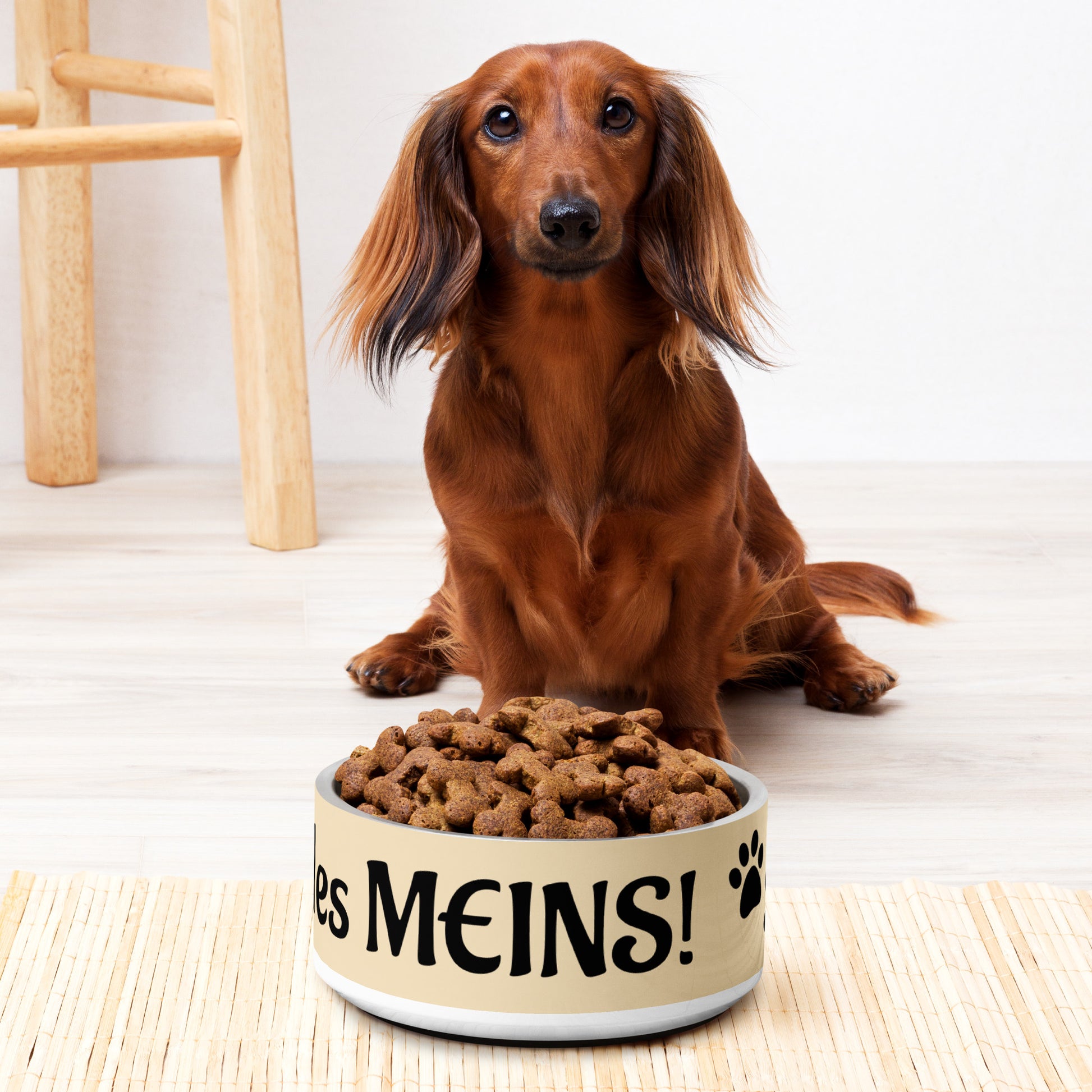 Beige Golden Retriever Futternapf aus Edelstahl mit „Alles meins“-Aufdruck